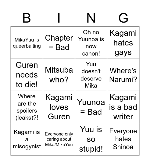 Owari no Seraph Obligatory Chapter Complaints Bingo Card