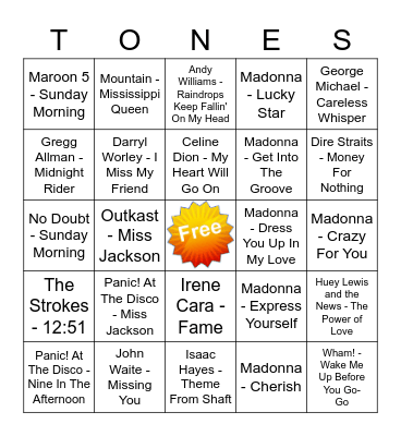 Game Of Tones 3/1/21 Game 2 Bingo Card