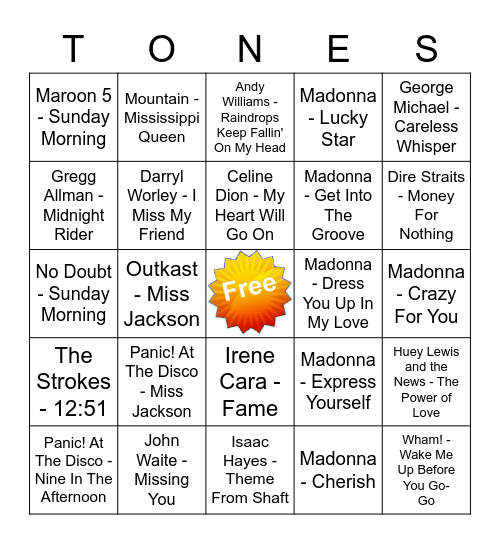 Game Of Tones 3/1/21 Game 2 Bingo Card