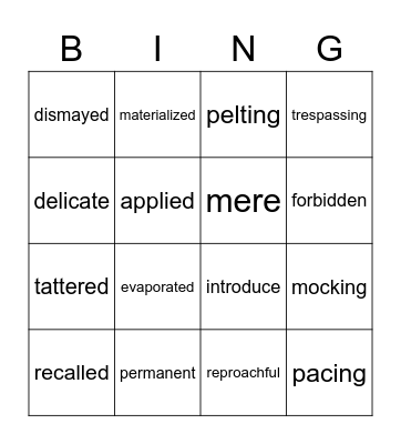 Tiger Rising Vocabulary Bingo Card