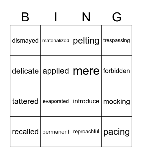 Tiger Rising Vocabulary Bingo Card