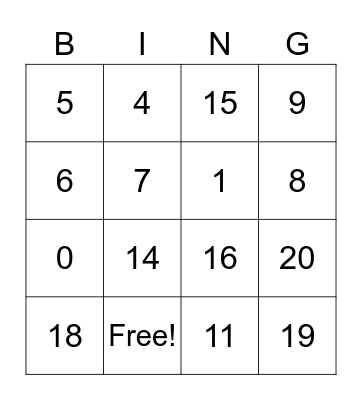 Addition and Subtraction Bingo 0-20 Bingo Card