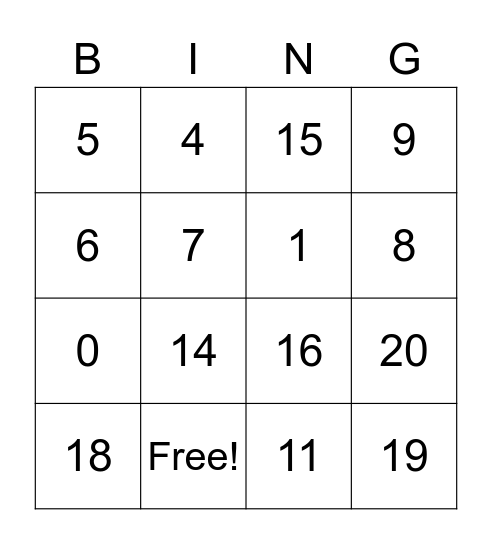 Addition and Subtraction Bingo 0-20 Bingo Card