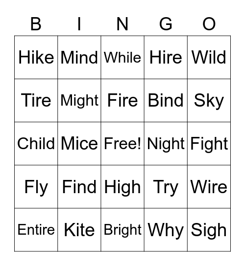 Long I Bingo Card