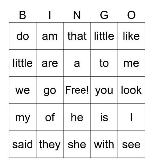 Kinder Sight Words Bingo Card