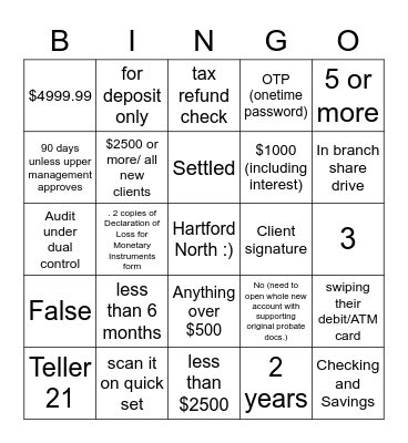 Hartford North Lead Tellers Bingo Card