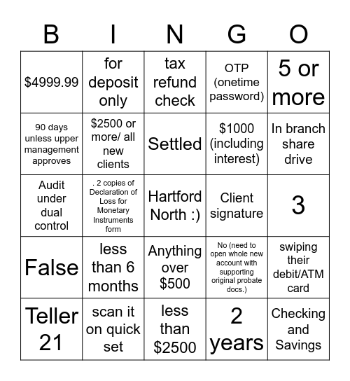 Hartford North Lead Tellers Bingo Card