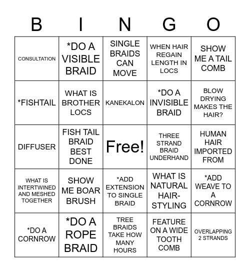 BRAIDING Bingo Card