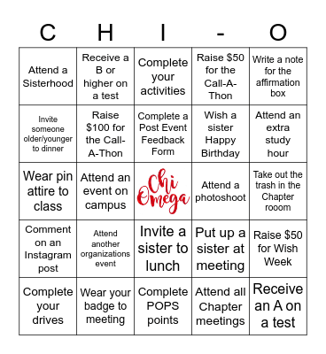 Chi-O Bingo Card