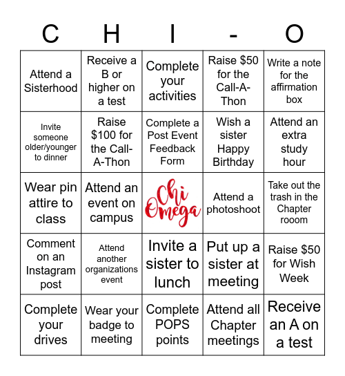 Chi-O Bingo Card