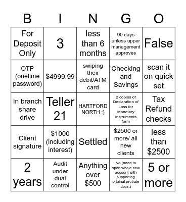 Hartford North Lead Teller Bingo Card