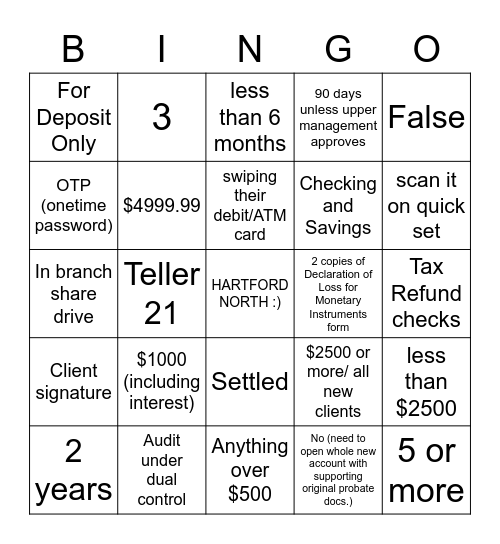 Hartford North Lead Teller Bingo Card