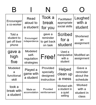 Paraprofessional Bingo Card