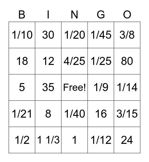 Fraction Division Bingo Card