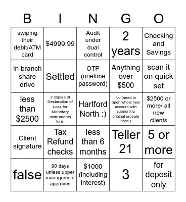 Hartford North Lead Tellers Bingo Card