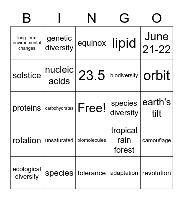 Science Test 5: Seasons & Environmental Bingo Card