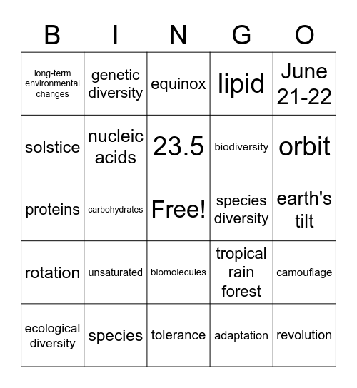 Science Test 5: Seasons & Environmental Bingo Card