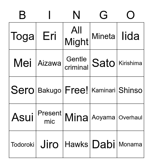 MHA characters Bingo Card