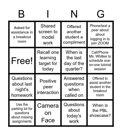 Student Engagement/Motivation Bingo Card