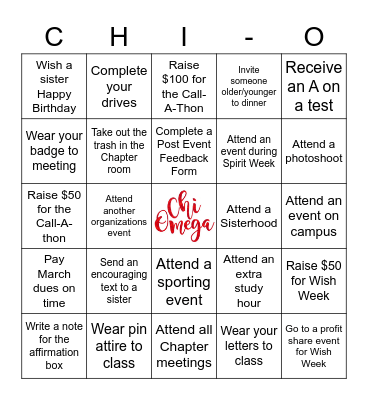 Chi-O Bingo Card