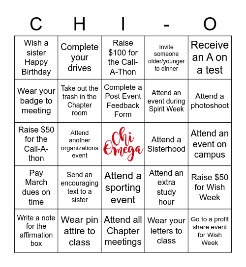 Chi-O Bingo Card