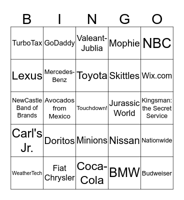 Super Bowl XLIX Ad Bingo Card