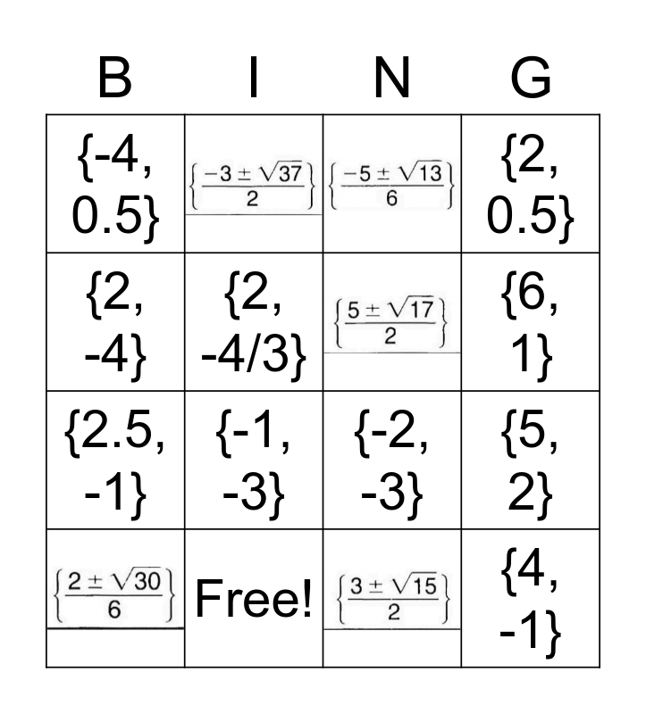 Quadratic Formula Bing Bingo Card