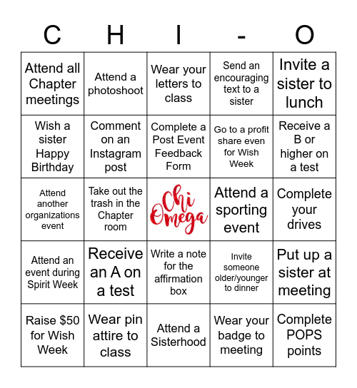 Chi-O Bingo Card