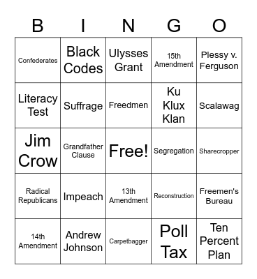 Reconstruction Bingo Card