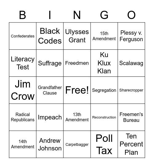 Reconstruction Bingo Card