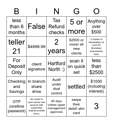 Hartford North Lead Tellers Bingo Card