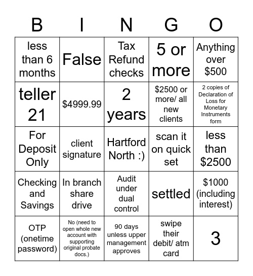 Hartford North Lead Tellers Bingo Card
