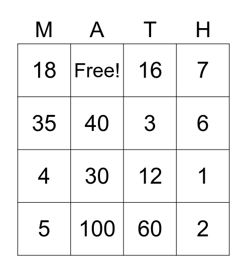 Multiplication and Division BINGO Card