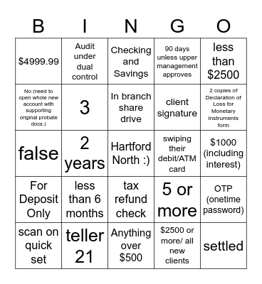 Hartford North Lead Tellers Bingo Card