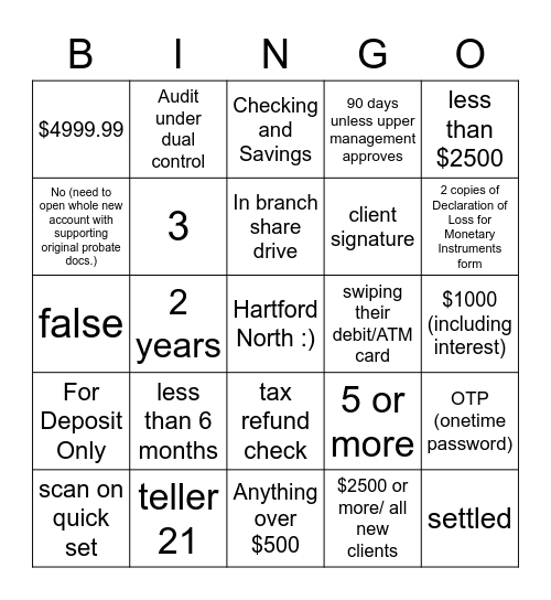 Hartford North Lead Tellers Bingo Card