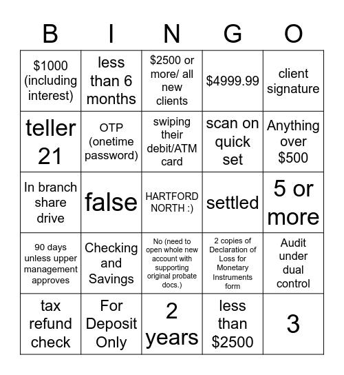 Hartford North Lead Tellers Bingo Card