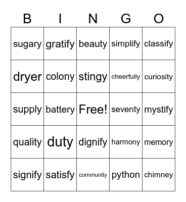 The Sounds of Y Bingo Card