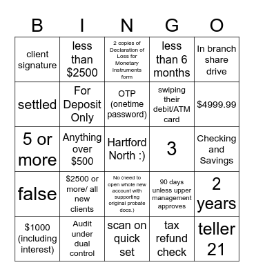 Hartford North Lead Tellers Bingo Card