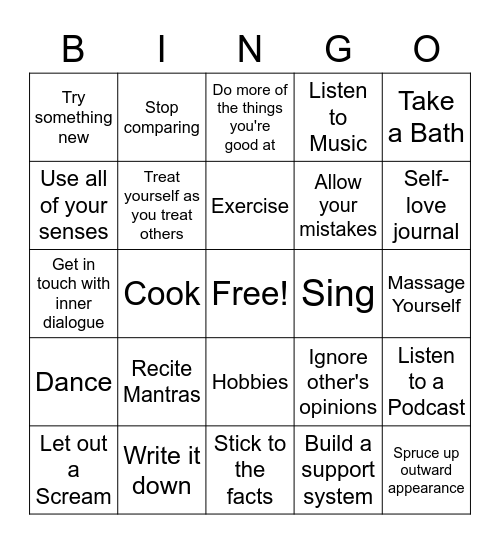 Self Love Bingo Card