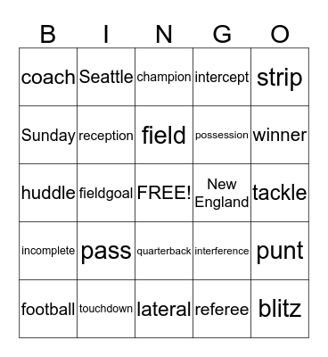 Super Bowl Bingo Card