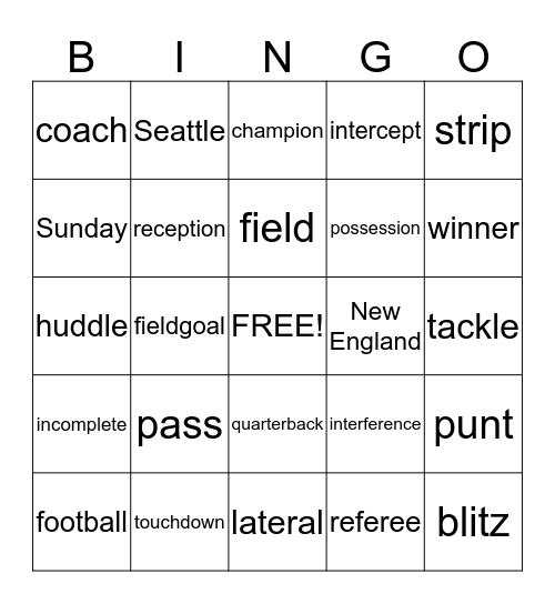 Super Bowl Bingo Card