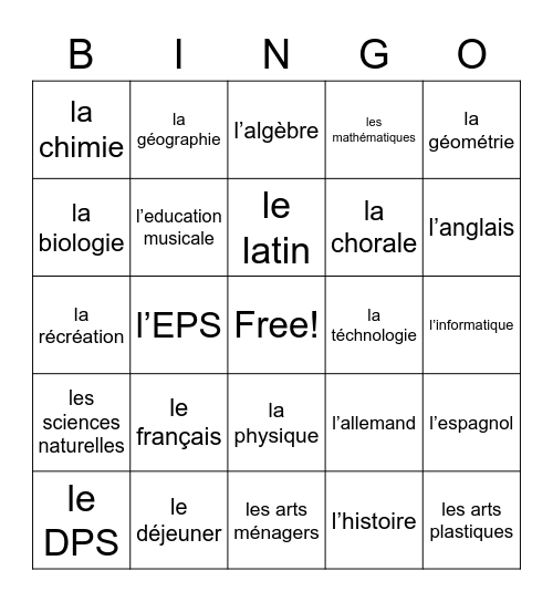 Les Cours Bingo Card