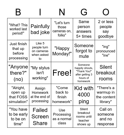 Zoom Bingo Card