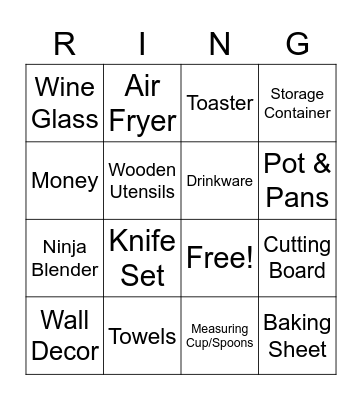 Kylie's Bridal Gifts Bingo Card