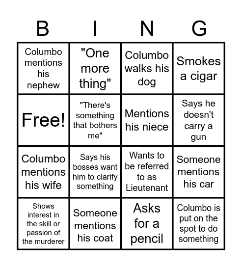 Columbo Bingo Card