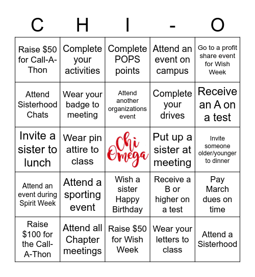 Chi-O Bingo Card