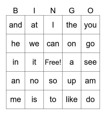 Sight Words Bingo Card