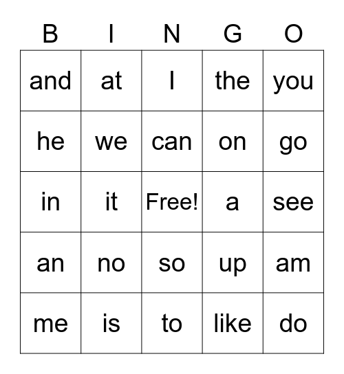 Sight Words Bingo Card
