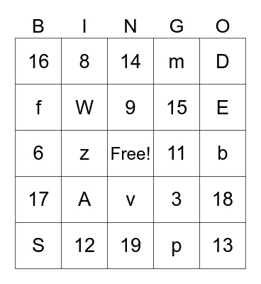 Numbers and Letters BINGO Card