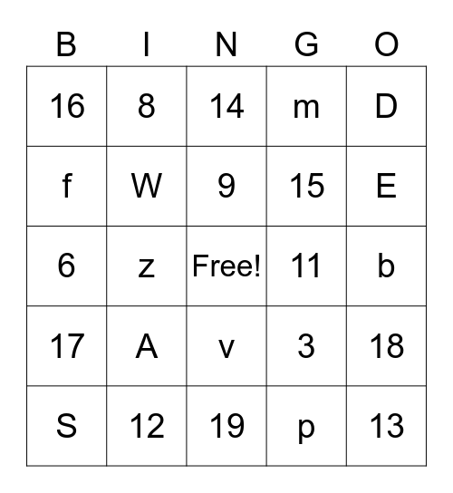 Numbers and Letters BINGO Card